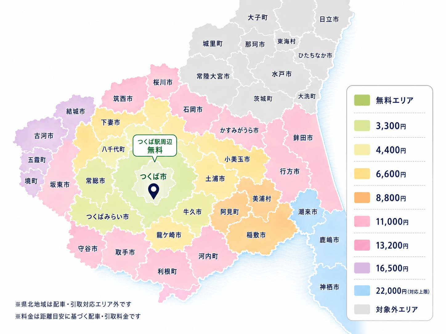 茨城県の配車・引取対応エリアと料金の地図。つくば駅周辺は無料、周辺地域は距離に応じて3,300円から22,000円。グレーの地域は対象外